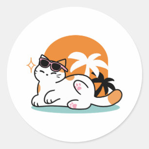 Feline Fine in the Sunshine – Relaxed Tropical Cat Classic Round Sticker