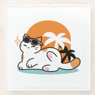 Feline Fine in the Sunshine – Relaxed Tropical Cat Glass Coaster