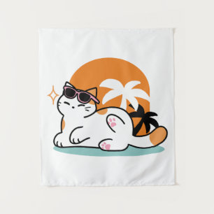 Feline Fine in the Sunshine – Relaxed Tropical Cat Tapestry
