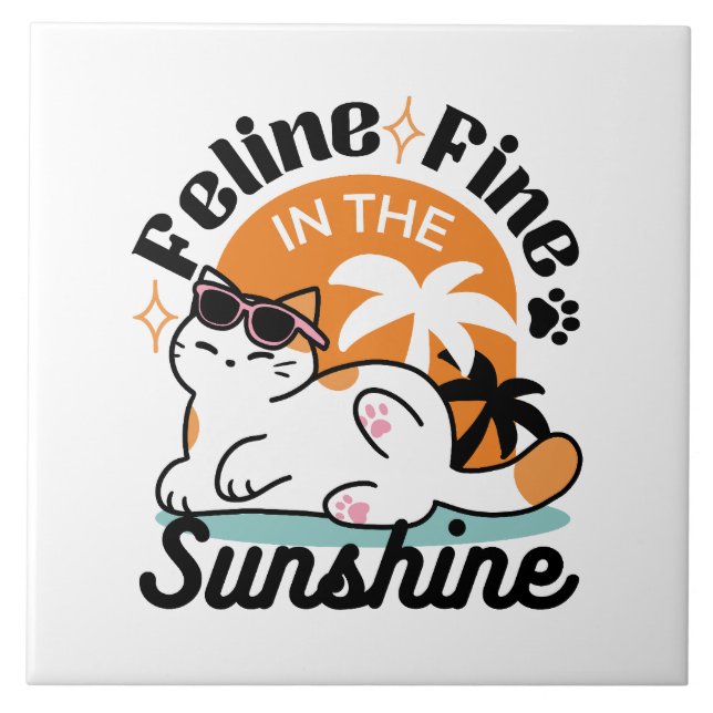 Feline Fine in the Sunshine – Relaxed Tropical Cat Tile (Front)