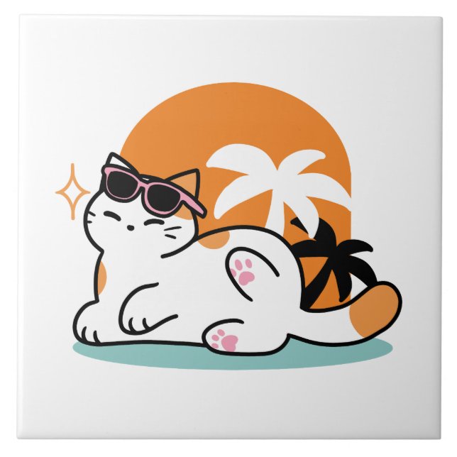 Feline Fine in the Sunshine – Relaxed Tropical Cat Tile (Front)