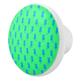 Feline Fun Forever Whimsical Blue Cats Lime Green Ceramic Knob