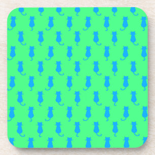 Feline Fun Forever Whimsical Blue Cats Lime Green Coaster