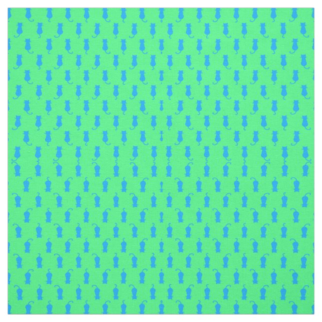 Feline Fun Forever Whimsical Blue Cats Lime Green Fabric (Swatch)