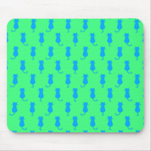 Feline Fun Forever Whimsical Blue Cats Lime Green Mouse Pad