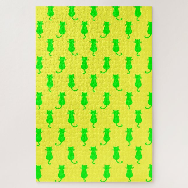 Feline Fun Forever Whimsical Green Cats Yellow Jigsaw Puzzle (Vertical)