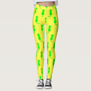 Feline Fun Forever Whimsical Green Cats Yellow Leggings