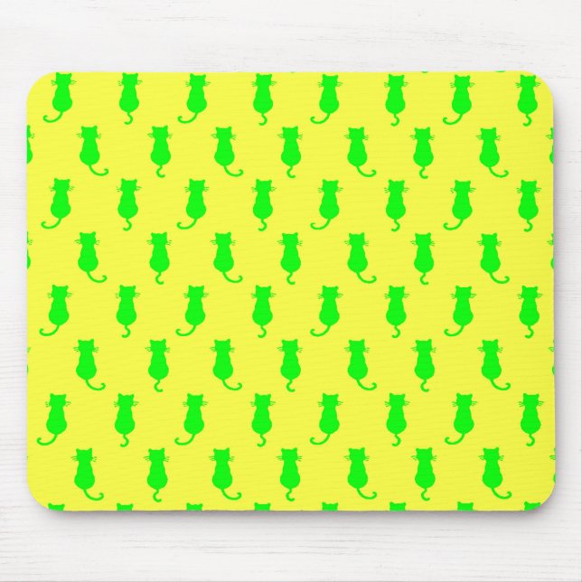 Feline Fun Forever Whimsical Green Cats Yellow Mouse Pad (Front)
