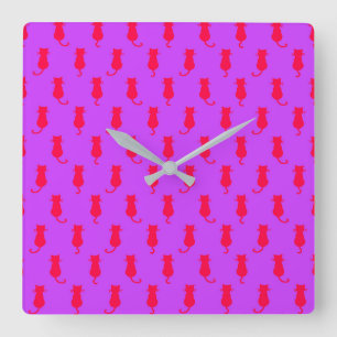 Feline Fun Forever Whimsical Red Cats Lilac Square Wall Clock