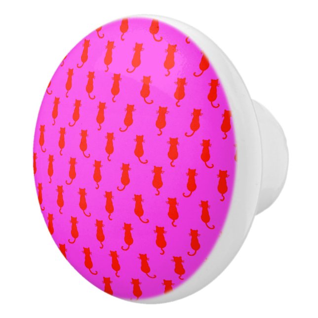 Feline Fun Forever Whimsical Red Cats Pink Ceramic Knob (Right)
