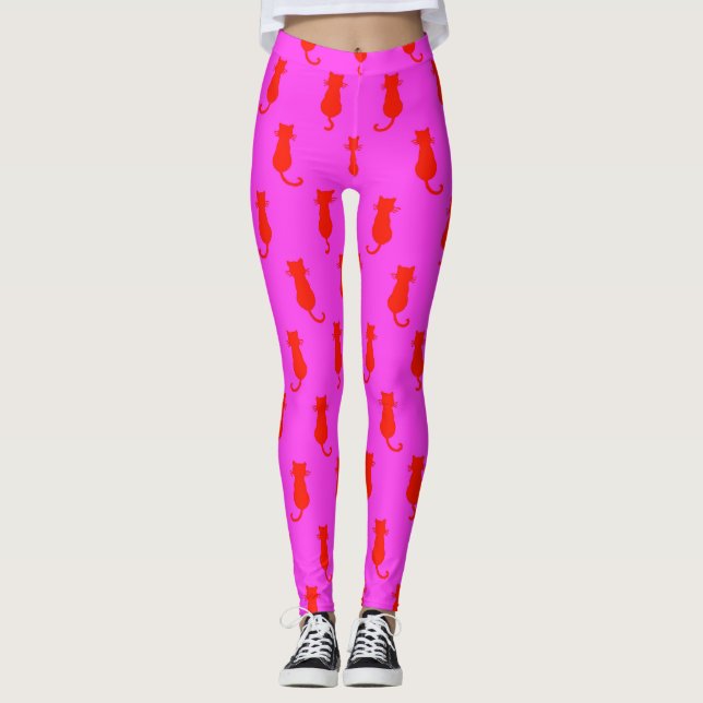 Feline Fun Forever Whimsical Red Cats Pink Leggings (Front)