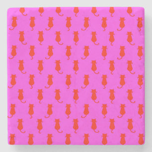 Feline Fun Forever Whimsical Red Cats Pink Stone Coaster