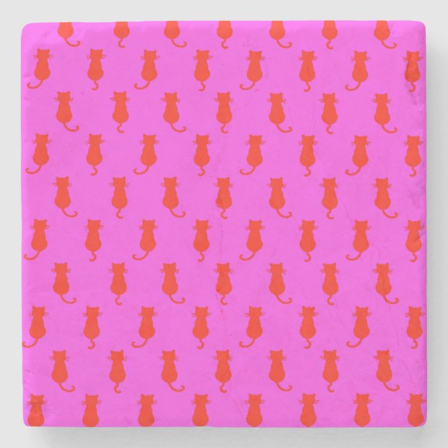 Feline Fun Forever Whimsical Red Cats Pink Stone Coaster (Front)