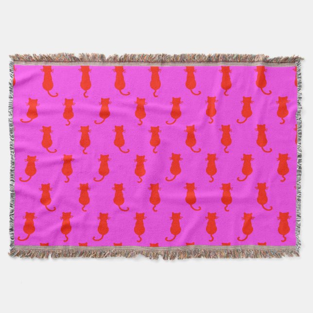 Feline Fun Forever Whimsical Red Cats Pink Throw Blanket (Front)