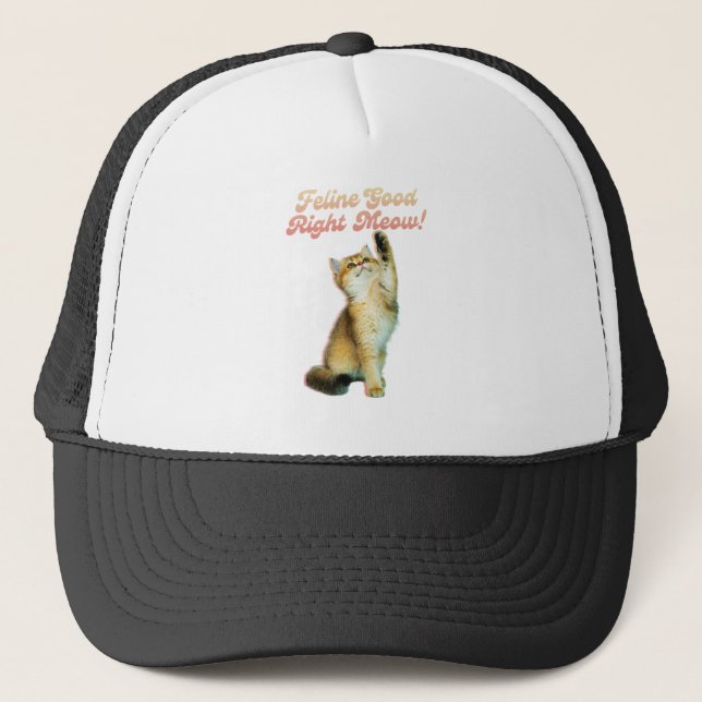 Feline Good Right Meow Funny Cat Quote Cute Kitten Trucker Hat (Front)