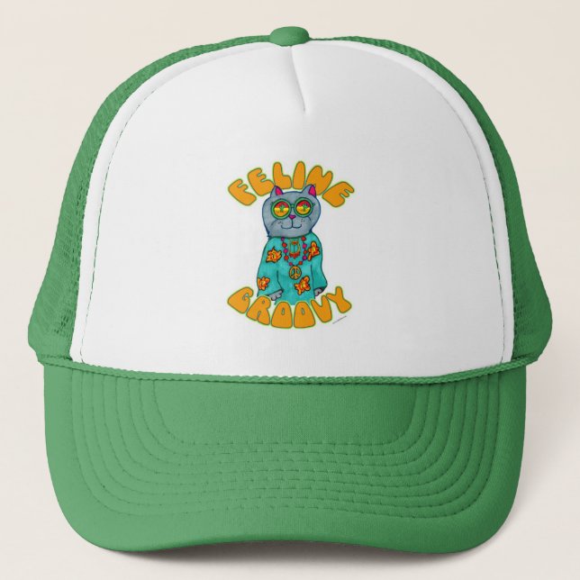 Feline Groovy Hippie Cat Art Slogan Trucker Hat (Front)