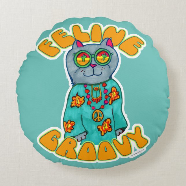 Feline Groovy Hippie Cat Marker Art Design Round Cushion (Front)