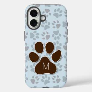 Feline Lover's Blue and Brown Paw Prints Monogram iPhone 16 Case