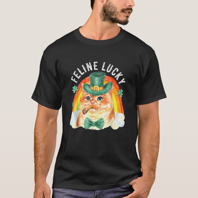 Feline Lucky Funny Leprechaun Cat Rainbow St. Patr T-Shirt (Front)
