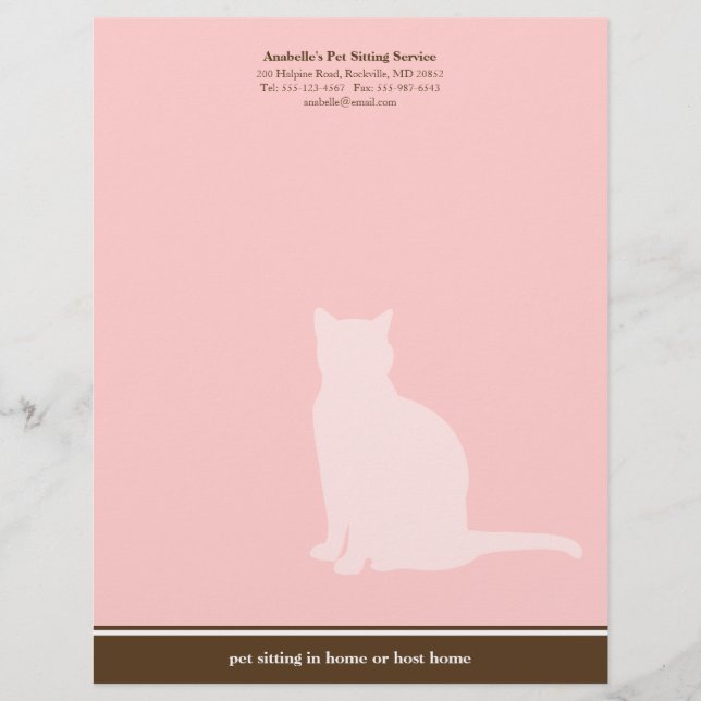 Feline pink brown posh pet sitting service custom personalized letterhead (Front)