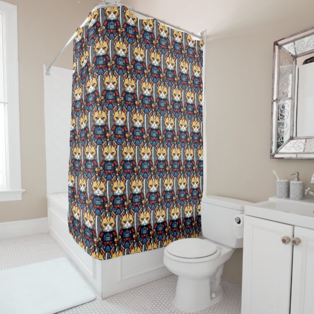 Feline Samurai Warrior Shower Curtain (In Situ)