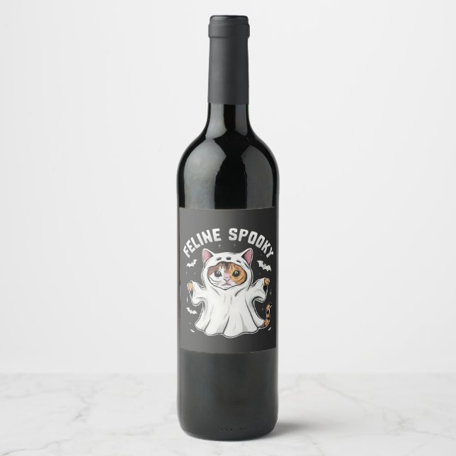 Feline Spooky Funny Spooky Halloween Cat Ghost Wine Label (Front)