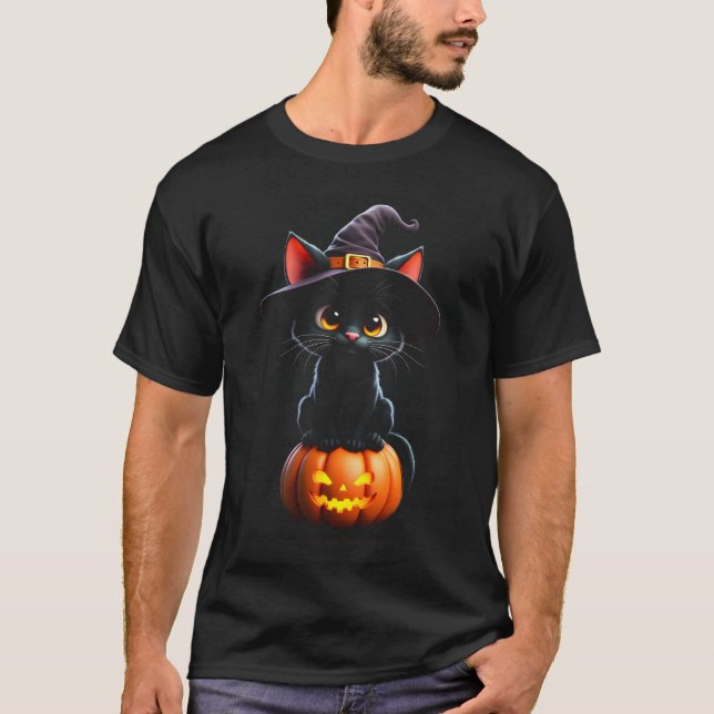 Feline Spooky Witchy Cat on Pumpkin T-Shirt (Front)