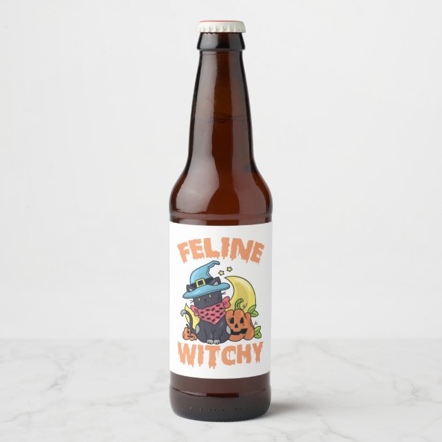 Feline Witchy Funny Spooky Halloween Cat Kitten Beer Bottle Label (Front)