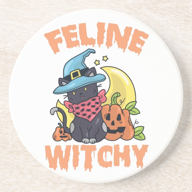 Feline Witchy Funny Spooky Halloween Cat Kitten Coaster (Front)