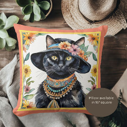 Feline with Floral Hat 16 inch Throw Pillow