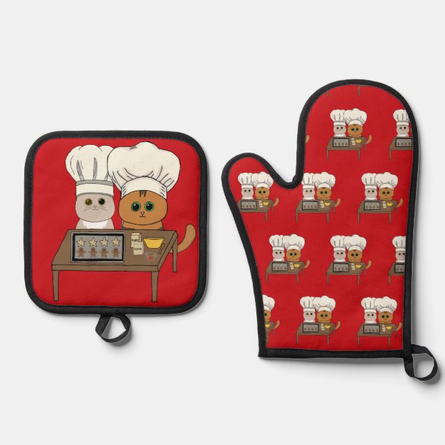 Feline Xmas Cookies Oven Mitt & Pot Holder Set (Front)