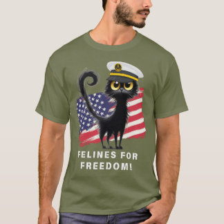 FELINES FOR FREEDOM, Patriotic Cat in Sailor Cap T-Shirt