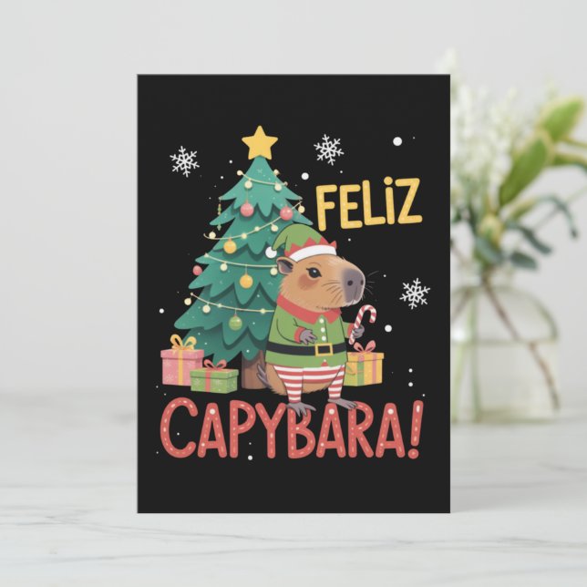 Feliz Capybara Elf Xmas Christmas Tree  Invitation (Standing Front)