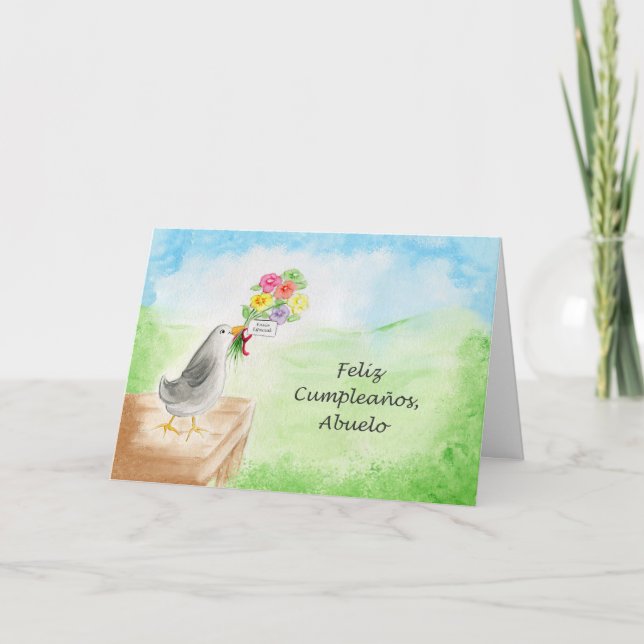 Feliz Cumpleanos Abuelo, Pajaro con Flores Card (Front)