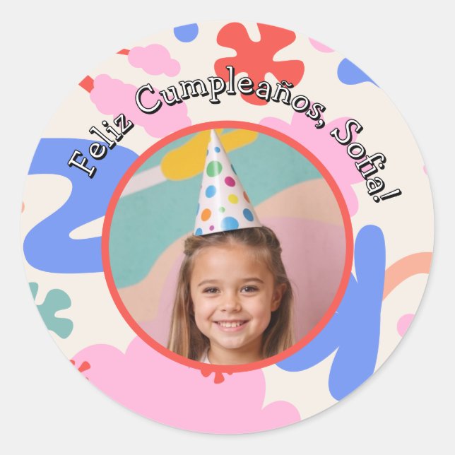 Feliz Cumpleaños Con Foto Colorido Personalizado Classic Round Sticker (Front)