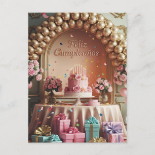 “Feliz Cumpleaños” Elegant Pink & Gold Birthday Postcard