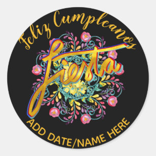 Feliz Cumpleanos FIESTA Folk Flowers Personalised Classic Round Sticker