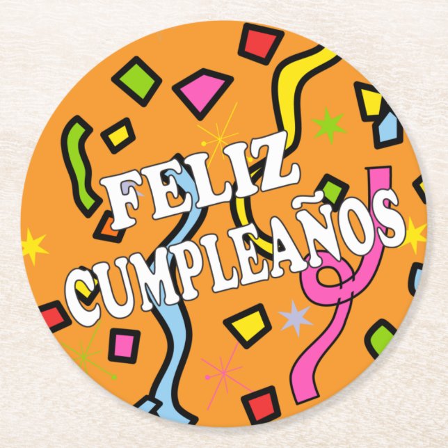 Feliz Cumpleanos Happy Birthday in Spanish Round Paper Coaster (Front)