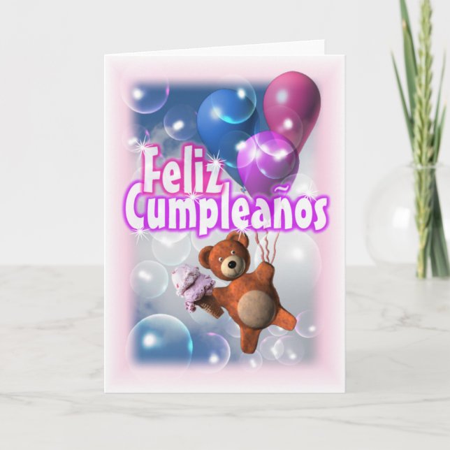 Feliz Cumpleanos Happy Birthday Teddy Bear Balloon Card (Front)