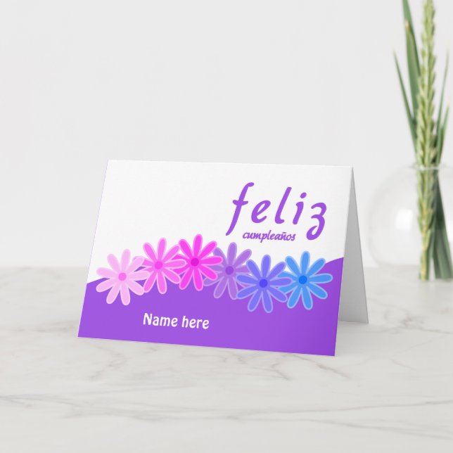 Feliz cumpleaños purple flowers personalised card (Front)