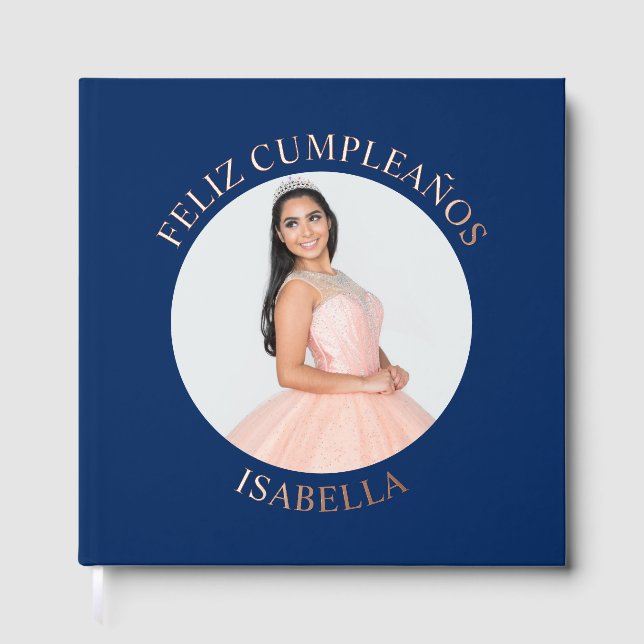 Feliz Cumpleaños Round Photo Navy Blue Guest Book (Front)