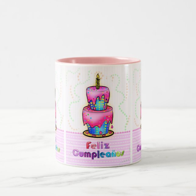 Feliz cumpleaños Spanish fun Birthday Cake gift Two-Tone Coffee Mug (Center)