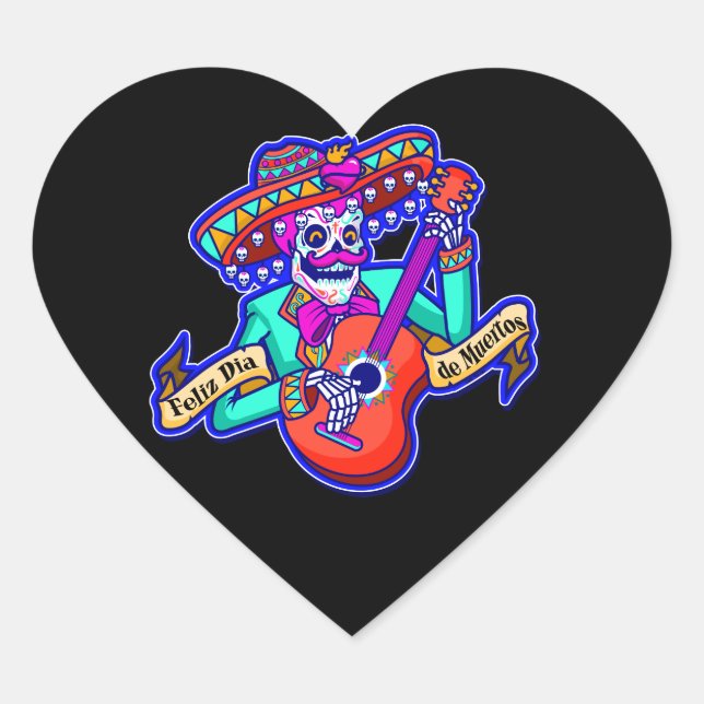 Feliz Dia De Muertos with Skeleton Playing Guitar Heart Sticker (Front)