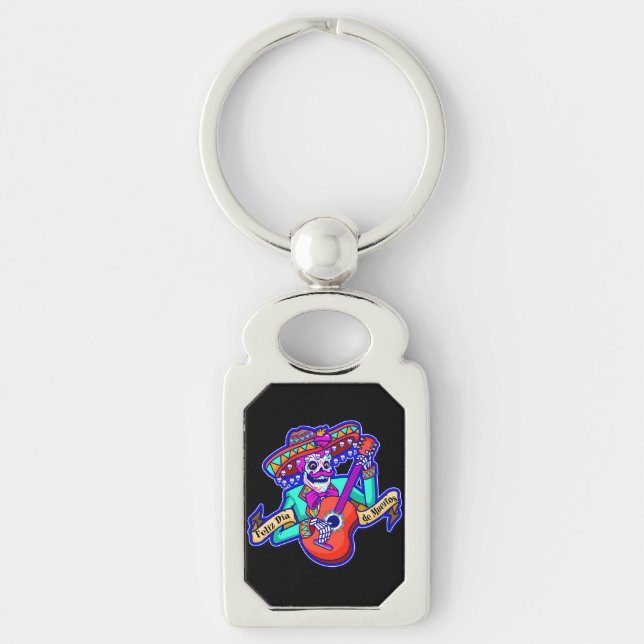 Feliz Dia De Muertos with Skeleton Playing Guitar Key Ring (Front)