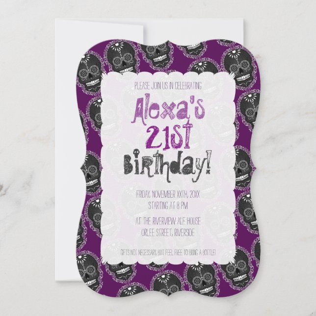 Feliz Muertos Black Sugar Skulls on Purple Invitation (Front)