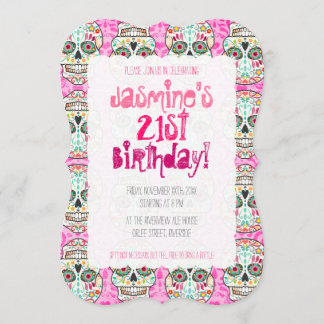 Feliz Muertos Sugar Skull on Pink Damask Invitation