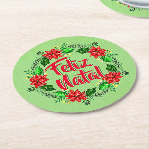 Feliz Natal Portuguese Merry Christmas Round Paper Coaster