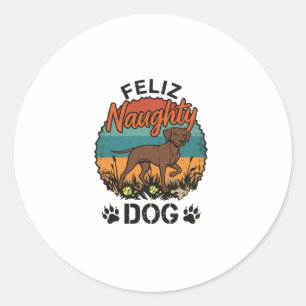 Feliz Naughty Dog Brown Retro Sun Paw Prints Classic Round Sticker