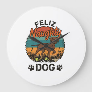 Feliz Naughty Dog Brown Retro Sun Paw Prints Large Clock