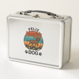 Feliz Naughty Dog Brown Retro Sun Paw Prints Metal Lunch Box
